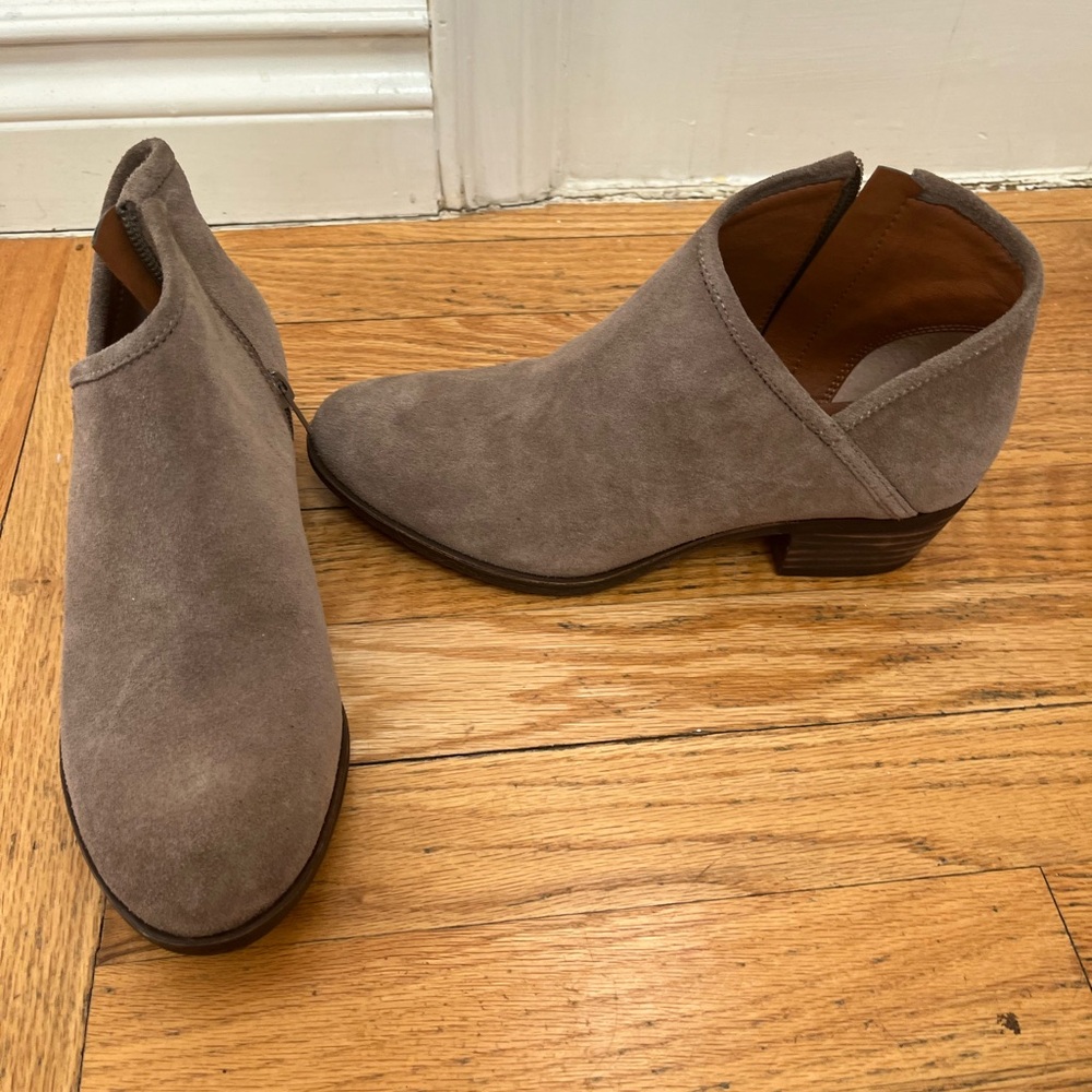 Brown suede low heel booties